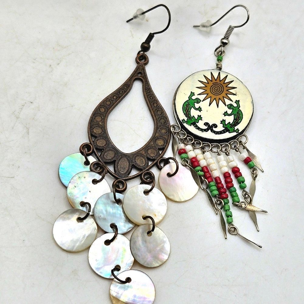 "5/$25" Mismatched Ethnic Dragon Lizard Brass Shell Bead Dangle Earrings - Picture 3 of 9